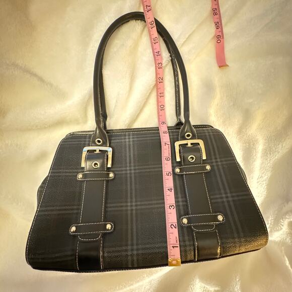 Tartan Plaid Bowler Bag Faux Leather Buckle Shoulder Bag - Picture 8 of 13